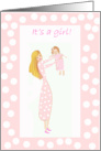 New Baby Announcement, Mum holding up baby girl card