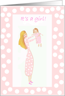 Congratulations new baby girl, Mum holding up baby girl card