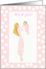 Congratulations new baby girl, Mum holding up baby girl card