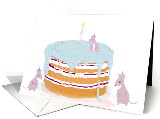 1st birthday grey mice blue cake card (795983)