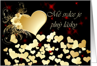Golden Heart on Black Valentine ~ Czech ~ Me srdce je plny lasky card