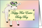 Baby Boy’s First Easter Lamb holding sign card