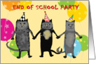 Invitation to end of school party,cats.humor,balloons. PARTY HATS card