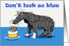 Blue Birthday, sad dog and cake with candles.humor card