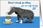 Blue 35 th Birthday, sad dog and cake with candles.humor card