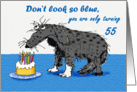 55 th Happy Birthday, sad dog and cake with candles.humor card