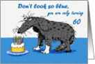 60 th Happy Birthday, sad dog and cake with candles.humor card