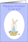 Happy Easter, Easter bunny suit,little boy and eggs.For son card