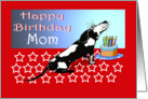 Happy birthday to Mom, black and white dog, cake with candles. card