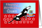 Happy birthday, black and white dog, cake,candles.to cousin card