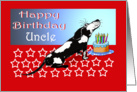 Happy birthday, black and white dog, cake,candles.to uncle card