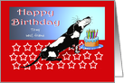 Happy birthday, black and white dog, cake,candles.custom text card