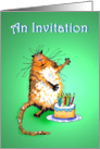 An Invitation to Cats Birthday Party, crazy cat and cake with candles. card