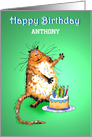 Happy Birthday , crazy cat and cake and candles, custom front text card