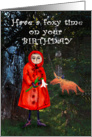 Happy Birthday,Have a foxy time, little girl and red cloak, fox.funny. card
