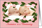 Invitation to Christening, for twins,custom camellia frame, card