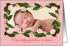 Birth of baby girl announcement,custom pink camellia frame, card