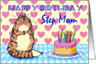 Happy Birthday,For Step mom, cat, cake and candles, card