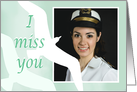 I Miss you, across the miles,custom photo, two birds, pale green. card