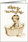 Happy Birthday, little child and ducky in bathtub, Vintage. card
