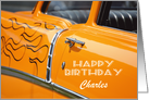 Happy Birthday , orange hot-rod, car.vintage.Custom card