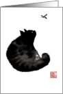 black cat, looking at dragonfly, chinese style, blank card. card