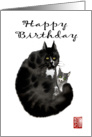 Black ink painting Cat and Kitten, Happy Birthday card