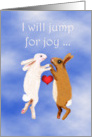 Jump for joy, Valentine, two rabbits and love heart..humor. card