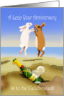 Leap year Anniversary, cartoon of two bunnies jumping.champagne. card