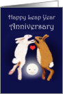 Leap Year Anniversary,two rabbits over the moon. card