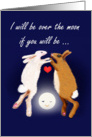 Birthing partner request, two rabbits over the moon. card