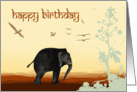 Happy Birthday, elephant and birds. card