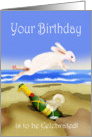 Birthday celebrations, champagne and jumping rabbit. card