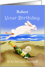 Birthday celebrations, champagne and jumping rabbit.custom card