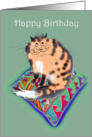 Happy Birthday cat, sitting on an oriental cushion card