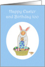 Happy Birthday, and Easter too.Boy in bunny suit with eggs, for boy. card