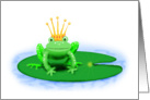 green frog with crown on lily pad. card