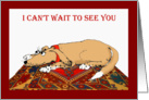 I can’t wait to see you, brown dog on oriental mat. card