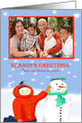 Season’s Greetings, snowman and child, photo card