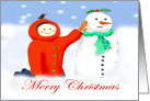 Merry Christmas, snowman and child, card