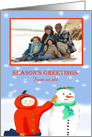 Season’s Greetings,from all of us,Child and snowman, photo frame. card