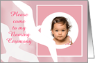 Invitation to naming ceremony, white birds, pink, photo frame card