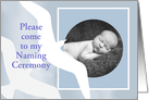 Invitation to naming ceremony, white birds, blue, photo frame card