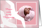 Invitation to Christening, white birds, pink, photo frame card