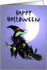 Happy Halloween , Witch on broomstick with cat. card