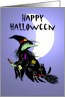 Happy Halloween , Witch on broomstick with cat. Boo! card