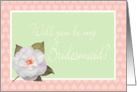 Will you be my bridesmaid?Best friend,Invitation white camelia on pale green background.frame of pink hearts card