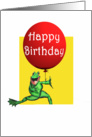 Happy Birthday, green frog and red balloon, humor card