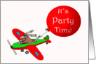 It’s party Time, Invitation, Dog flying plane with balloon. card