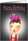 Happy Birthday for girls ,Bird Hat, little girl, coloured pencil. card
